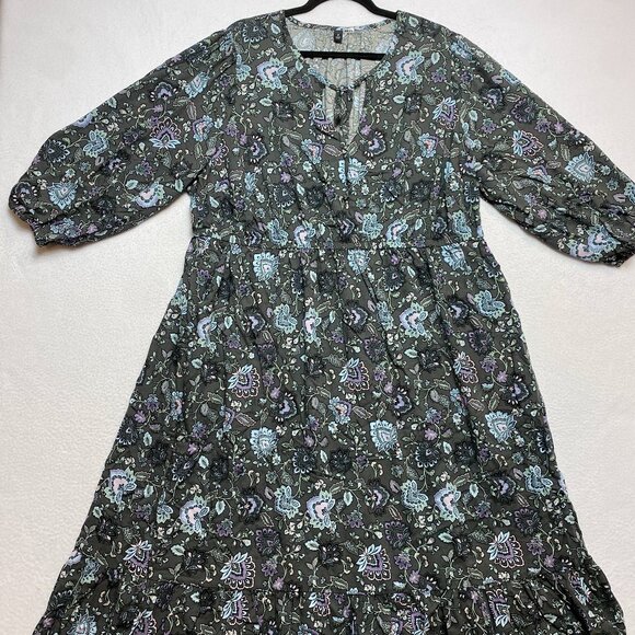 Torrid Challis Dress Women's 2X Gray Tea Length Front Tiered A-Line $79 NWOT - Picture 1 of 8